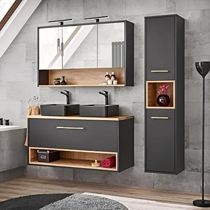 Bad Spiegelschrank 120 cm BOLOGNA-56 inkl. LED Beleuchtung in anthrazit mit Artisan Eiche Nb, B/H/T: ca. 120/80/25 cm – Bild 2