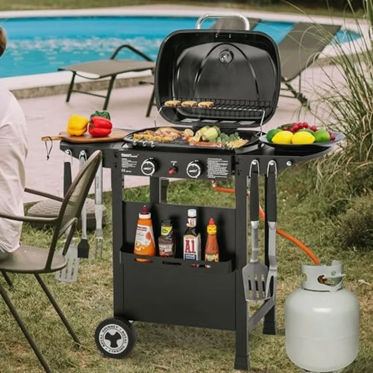 Royal Gourmet 2-Brenner Gasgrill und Griddle Combo, 2 IN 1 Grillwagen mit abklappbare Seitenablagen, Ablagekorb, 5 kW Campinggrill für Garten Schwarz – Bild 2