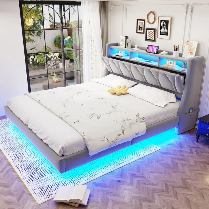 U-life Polsterbett 180x200 cm, fürs Schlafzimmer, klappbar, LED-Beleuchtung, Gepolstertes Kopfteil, Verbreiterte Bettbeine, Sperrholz, Hellgrau – Bild 1
