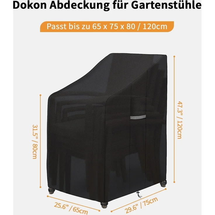 Dokon Gartenstühle Abdeckung Wasserdicht Schwerlast 600D Oxford Gewebe Stapelstühle Abdeckhaube Winterfest Winddicht UV Beständiges Schutzhülle für Gartenstuhl Stapelstuhl Hülle (65 x 75 x 80/120cm) – Bild 2