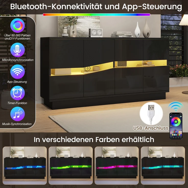 ZUBALIYA Sideboard 140x35x70 cm, mit LED-Beleuchtung, Hochglanz, mit 4 Türen, aus Spanplatte, Schwarz – Bild 9