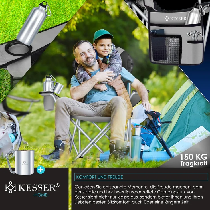 KESSER® Campingstuhl faltbar bis 150 kg Angelstuhl Faltstuhl Klappstuhl Gepolstert mit Armlehnen, Getränkehalter + Tasche mit hoher Rückenlehne, Strandstuhl, Klapphocker Grau / Schwarz – Bild 7