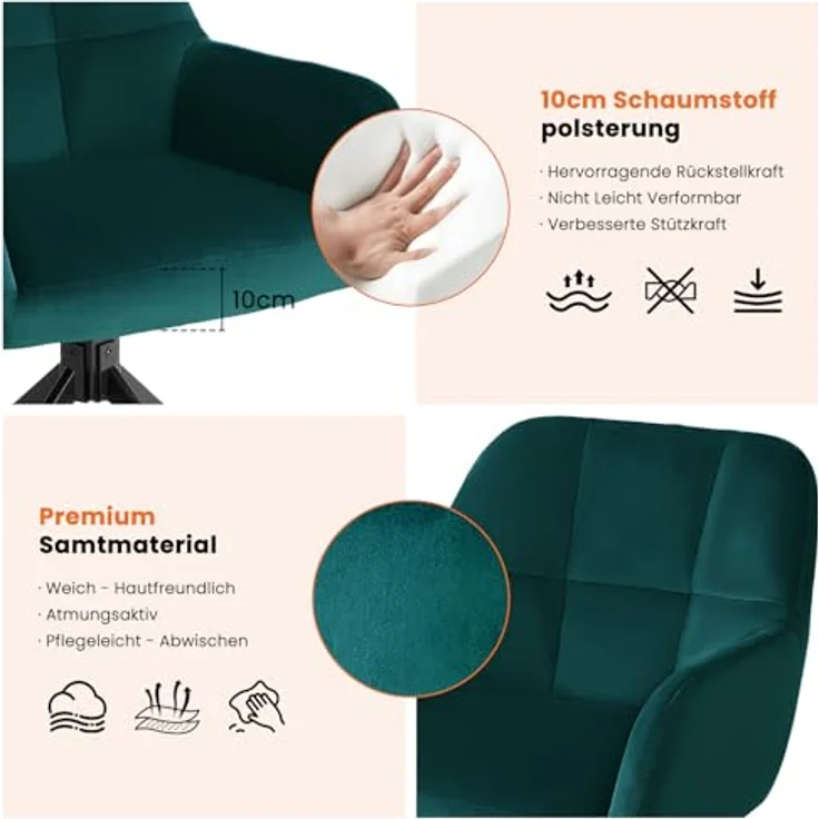 Sweetcrispy Esszimmerstuhl, 360° Drehstuhl Esszimmer, Küchenstuhl, Samt Schminktisch Stuhl, bis 120 kg belastbar, Sessel mit Armlehnen Stahlbeine, Schreibtischstuhl für Arbeitszimmer, Dunkelgrün – Bild 5