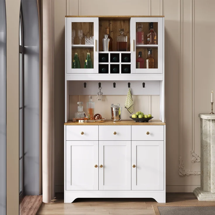 Hochschrank aus MDF mit Glastüren & Schubladen, 94,5x30x175,5 cm, Weiß/Holzoptik – Bild 1