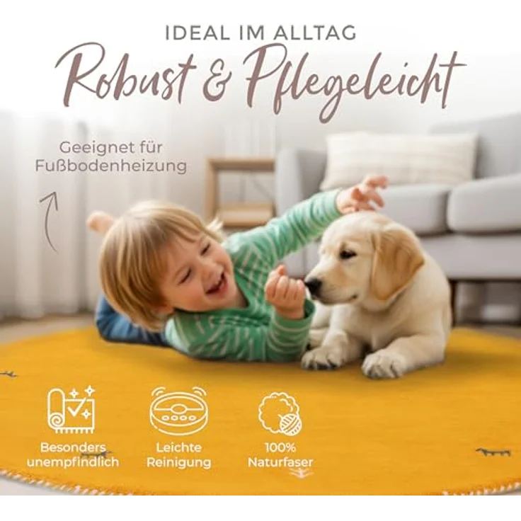 carpetfine 'Gabbeh Uni' Wollteppich, reine Wolle, Gelb, Ø 150 cm – Bild 6