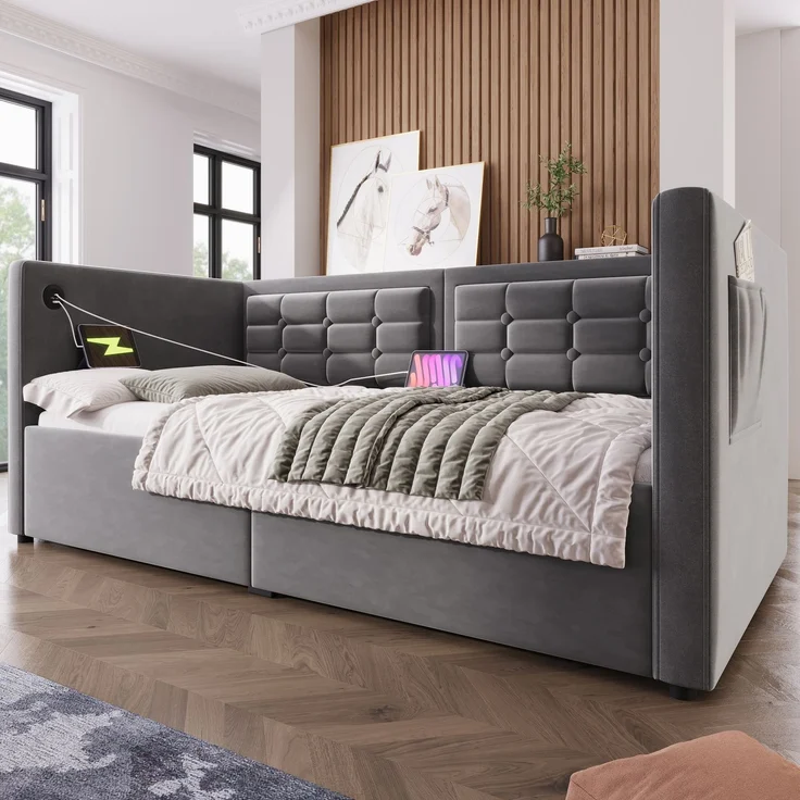Polstertes Schlafsofa 205×106×75cm,Samt mit hydraulischem Stauraum, USB- & Type‑C‑Ladestation,Grau – Bild 2