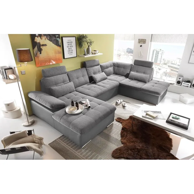Couch Wohnlandschaft Schlaffunktion Schlafsofa grau grau hell Ottomane rechts