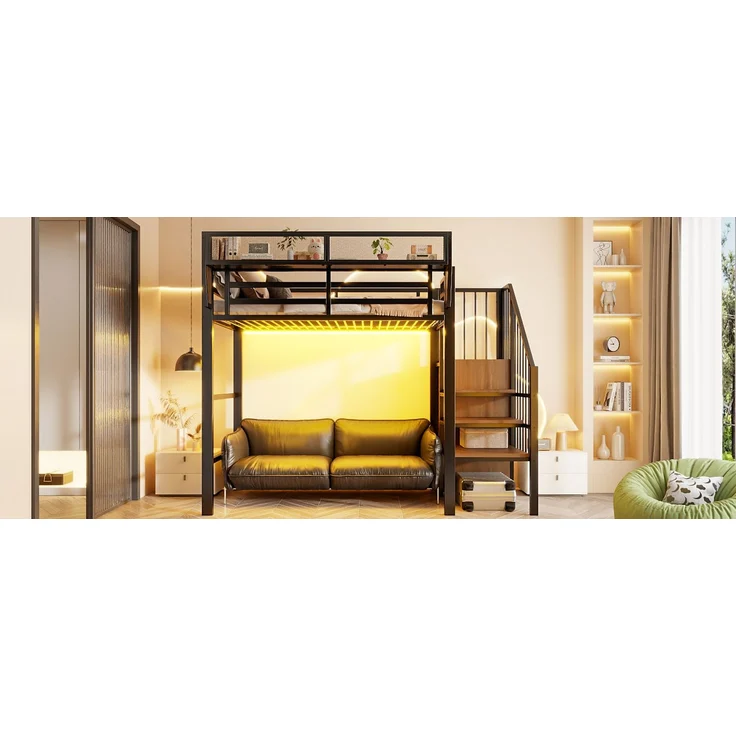 ZUBALIYA Hochbett 90 × 200 cm, Metall, LED-Beleuchtung, Leiter, Schwarz – Bild 24