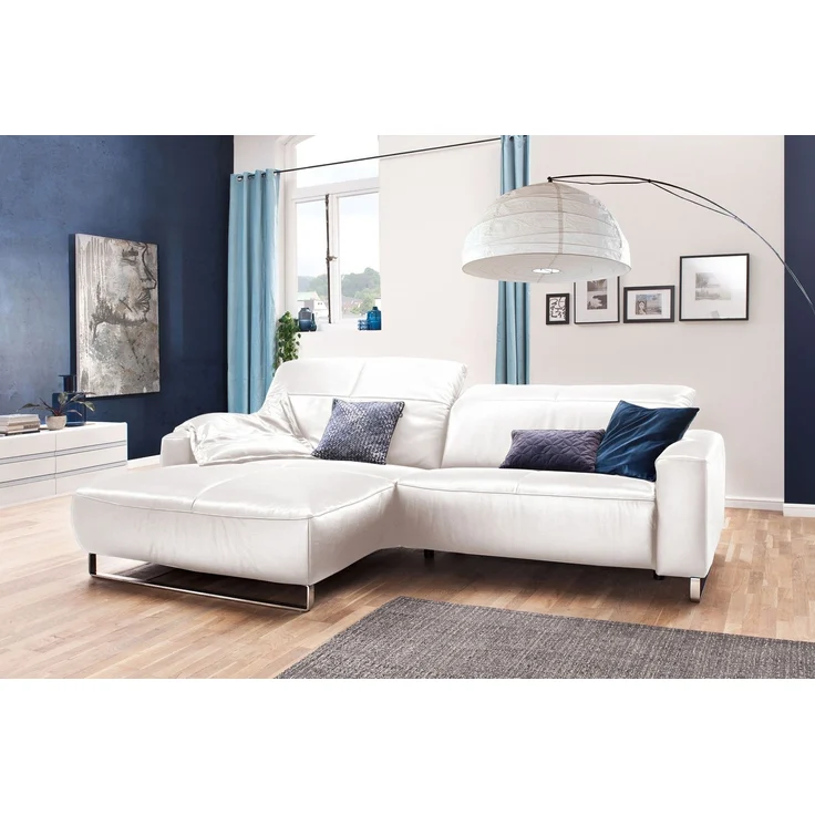 KAWOLA Sofa YORK Leder Life-line bianco Rec links Fuß Metall Chrom matt mit Sitztiefenverstellung 85 x 111 x 284 cm – Bild 1