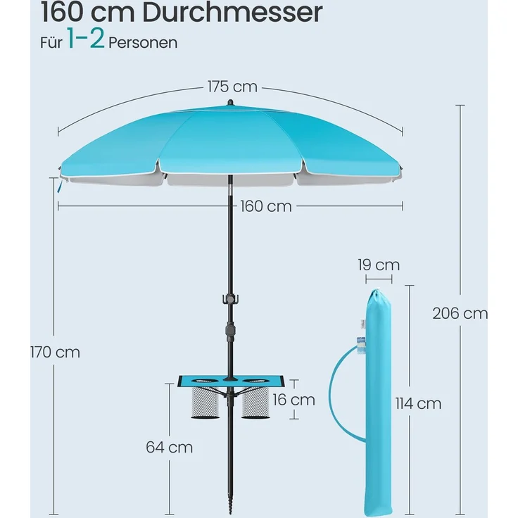 SONGMICS Sonnenschirm, Strandschirm, Sonnenschutz UPF 50+, Ablagefläche, ∅160 cm – Bild 4
