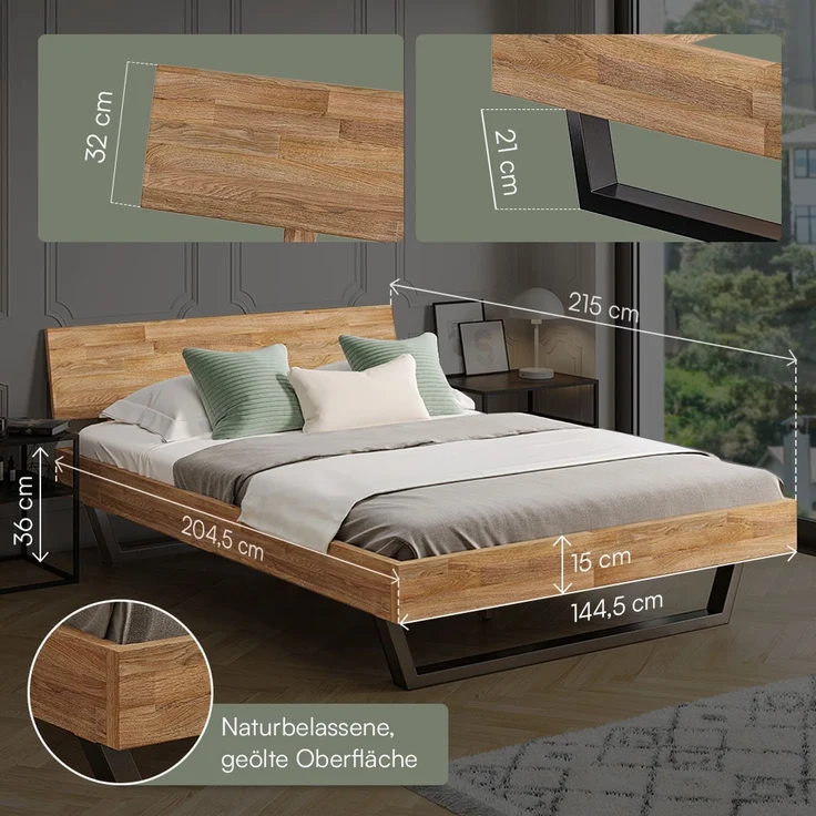 skølm 'Alver' Bett 140x200 cm, Bettgestell, natur geölt, Massivholzbett aus Eiche mit Metallkufen, Doppelbett mit durchgehendem Bettkopf – Bild 6