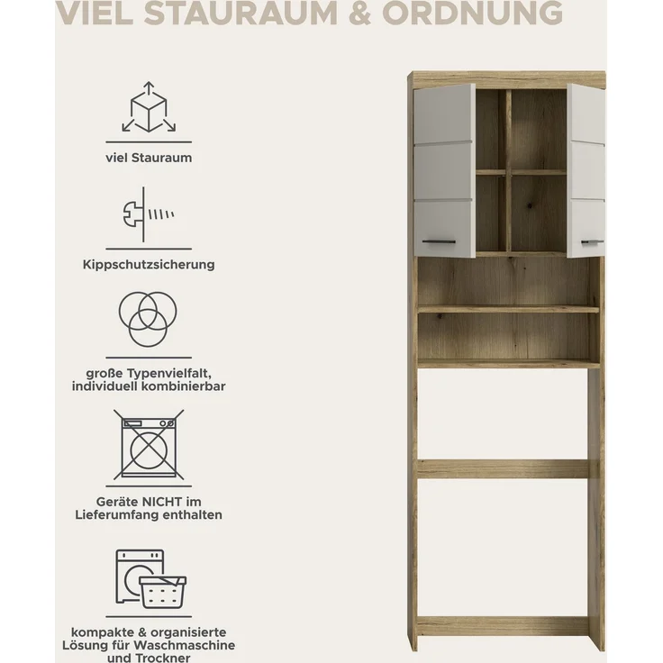 Waschmaschinenumbauschrank >Scout< in Evoak Oak / Kaschmir - 63x191x24cm (BxHxT) – Bild 8