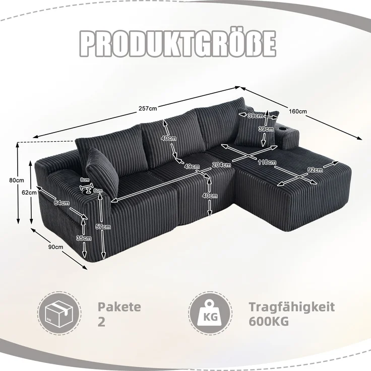 LVHOM Modulares Sofa, Ecksofa mit Schlaffunktion, L-Form Couch mit Chaiselongue, 3-Sitzer Sofa, Polstersofa Cordstoff, 257x160x62 cm – Bild 7