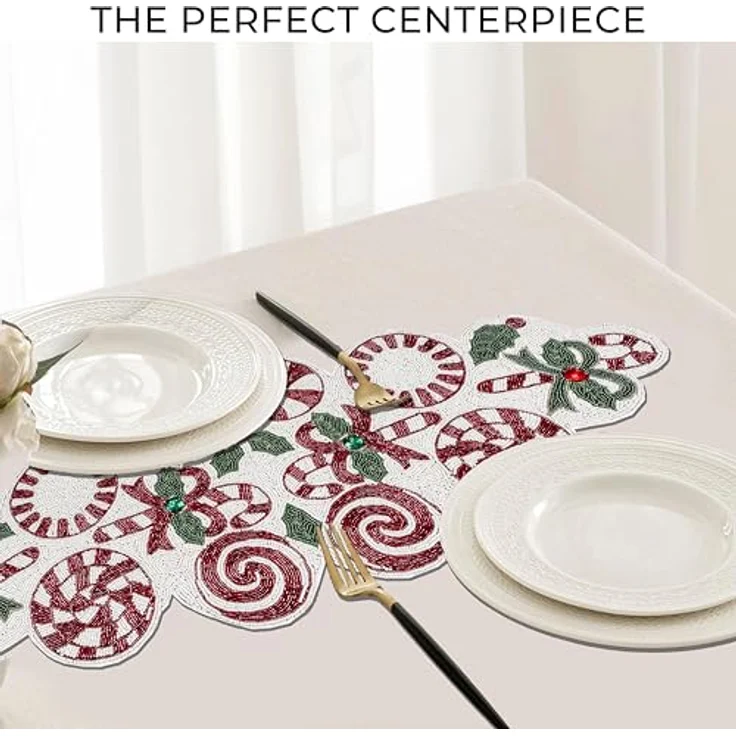 Alpha Living Home Weihnachtstischläufer 33x91,4 cm Candy Perlen Tischläufer Tischmatten für Küchentisch Home Decor Matte für Ernte, Hochzeit, Party Dekoration Rot/Grün/Weiß – Bild 10