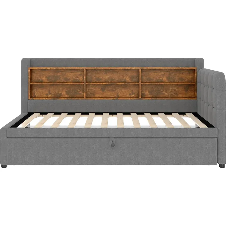 Stauraumbett mit Lattenrost, Regal, USB und Type-C Anschluss, 90x200cm/180x200cm, Liegefläche erweiterbar, Einzelbett, Polsterbett, Leinen – Bild 9
