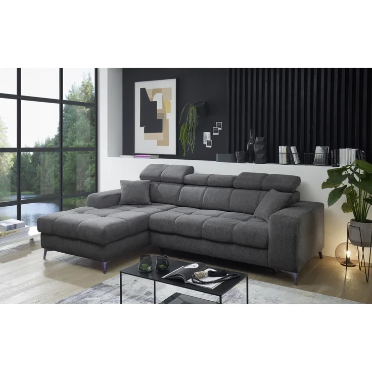 Ecksofa >SYDNEY< Elektrische Sitztiefenverstellung, 3 verstellbare Kopfstützen, Bettkasten, in anthrazit - 268x105x172 (BxHxT)