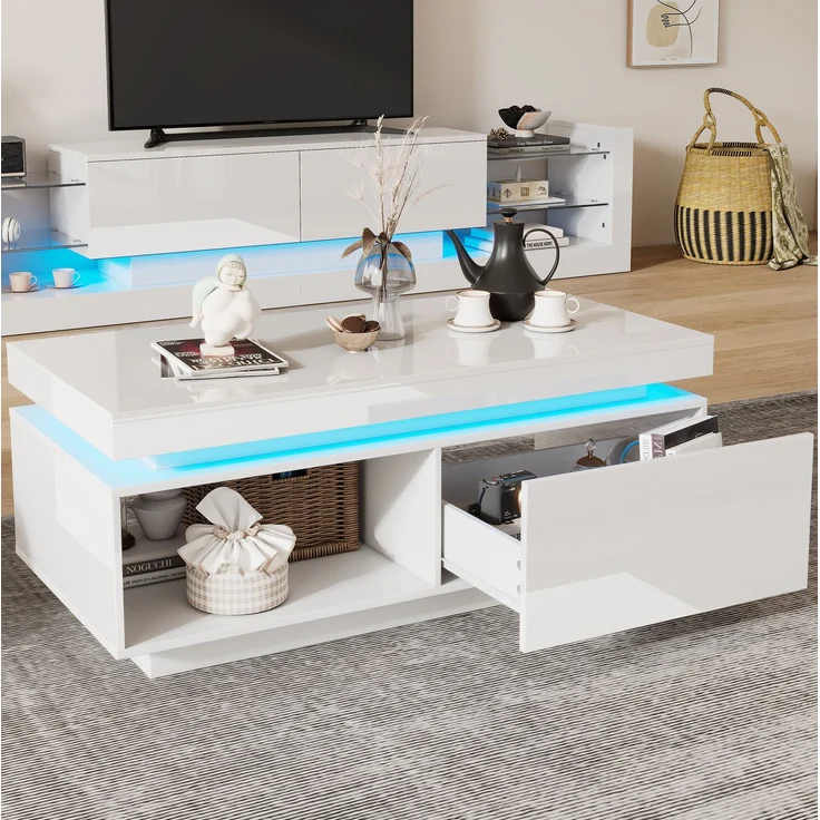 Couchtisch mit LED-Beleuchtung und Schublade, moderner Wohnzimmertisch, Stauraum – Bild 3