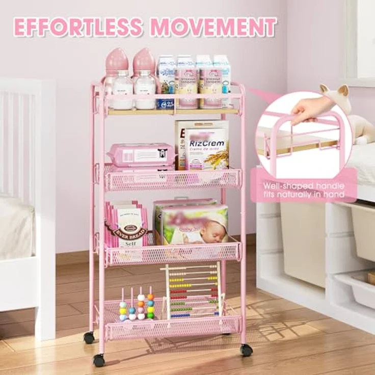 KINGRACK 4-Stöckiger Küchenwagen mit Rollen, Rollwagen Metall, Verschiebbarer Aufbewahrungswagen mit Holzplatte und Gitterkorb Ideal für Enge Räume in Haus und Küche, Badezimmern, Rosa – Bild 3