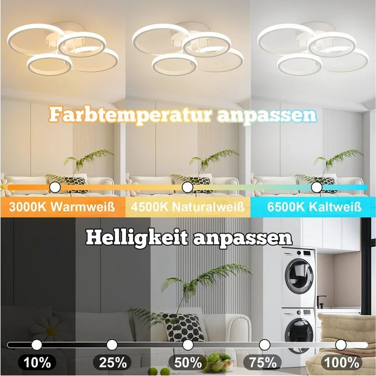 Nettlife LED Deckenleuchte 55cm Dimmbar 4-Ring Schwarz/Weiß,Küchenlampe Modern 48W Fernbedienung, LED fest integriert, Farbwechsler, Wohnzimmerlampe Deckenbeleuchtung für Küche Schlafzimmer Flur – Bild 2