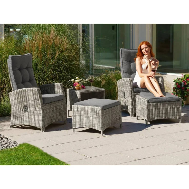KONIFERA Gartenlounge-Set Monaco, (Set, 11-tlg, 2x Sessel, 2x Hocker, 1x Tisch 49x49 cm, inkl. Auflagen, Aluminium), Polyrattan, Rückenlehnen stufenlos verstellbar