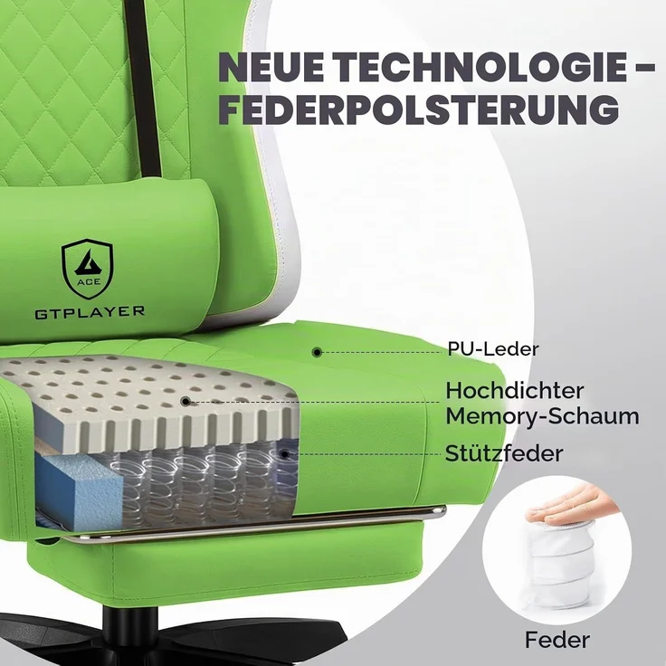 GTPLAYER Gaming Stuhl Ergonomischer Gaming Sessel Schreibtischstuhl Kunstleder, Federsitzkissen, Verbindungsarmlehnen und Fußstütze 150KG, grün – Bild 2