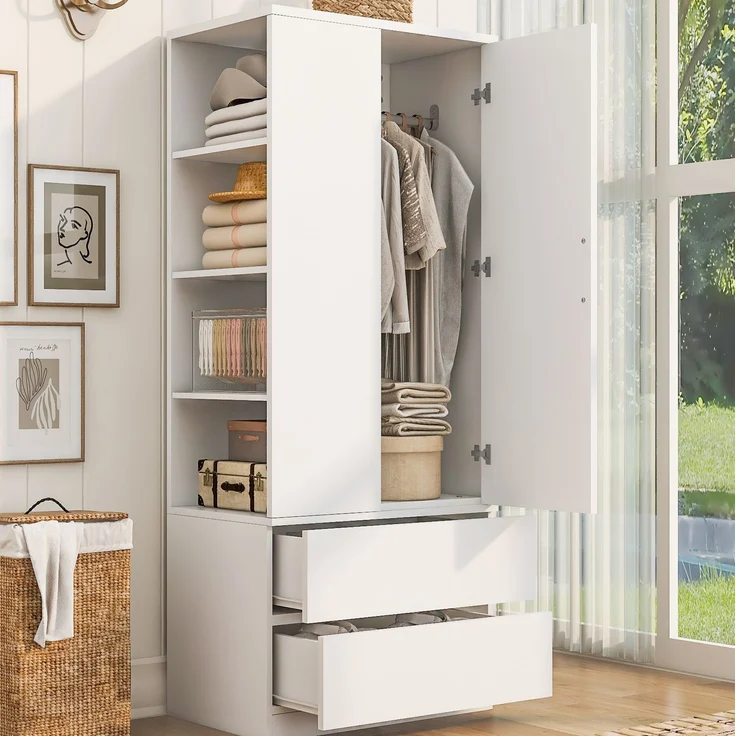 Kleiderschrank 70 x 50 x 175 cm in Weiß und Holzfarbe mit Kleiderstange und Schubladen – Bild 2