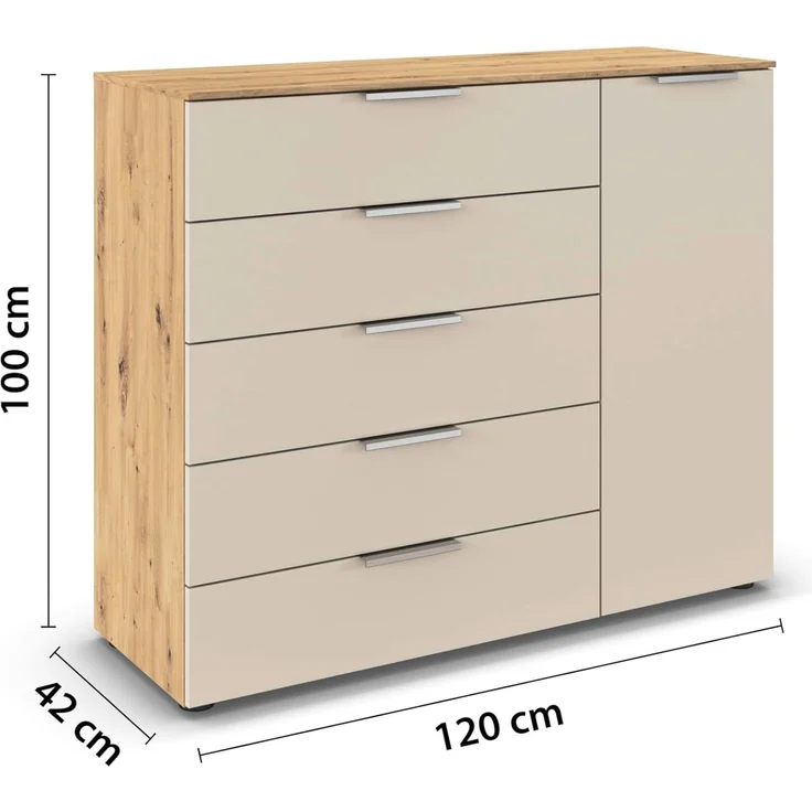 Rauch Möbel Flipp, Kommode für Schlafzimmer, Kinderzimmer, Wohnzimmer, Jugendzimmer, Flur, Garderobe, 1-türig, 5 Schubladen, mit Softclose-Funktion, Farbe Eiche Artisan, Holz/Beige, Breite 120 cm – Bild 3