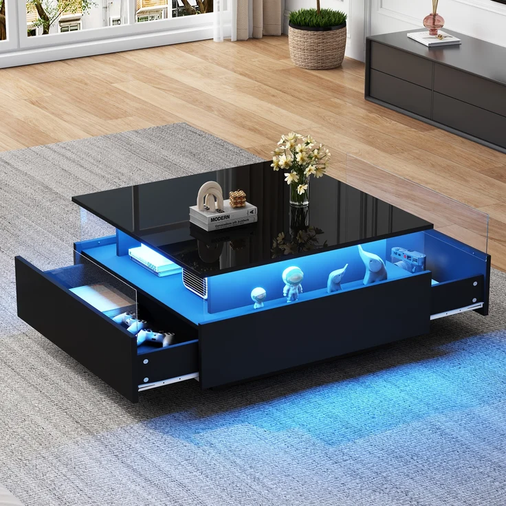 Couchtisch, Hochglanz, mit LED-Beleuchtung, 2 Schubladen & transparentem Display, 70x70x41 cm, Schwarz – Bild 5