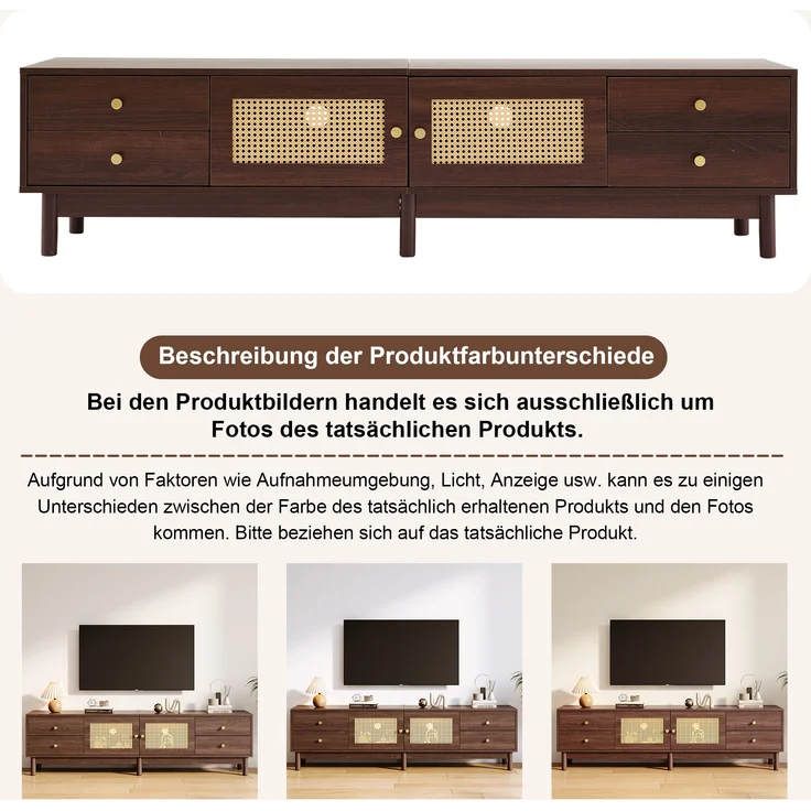 TV-Schrank, mit 2 Rattantüren, 4 Schubladen & Kabelmanagement, 180x35x44 cm, Braun – Bild 6