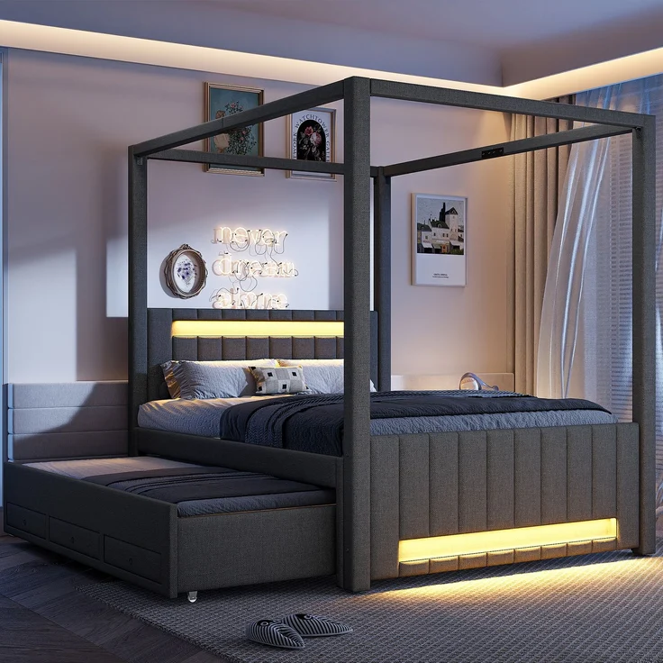 140x200 cm großes Polster-Himmelbett mit Ausziehbett und drei Schubladen, LED-Beleuchtung, Grau – Bild 2