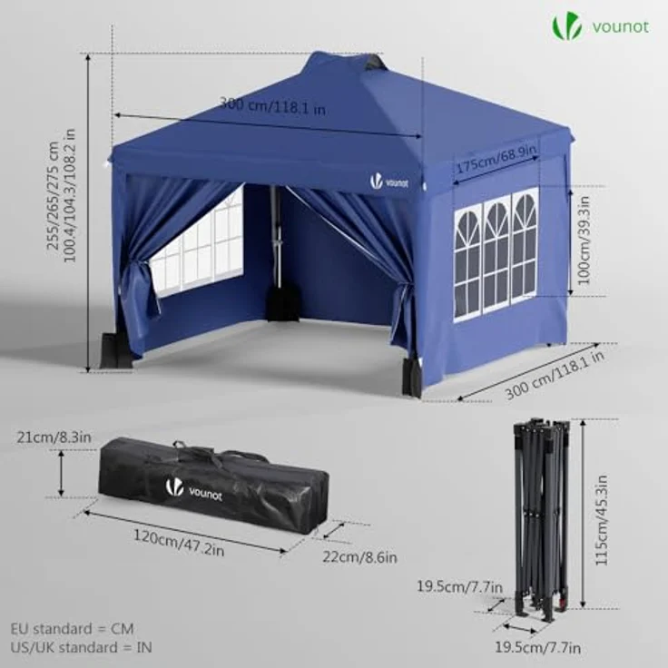 VOUNOT Pavillon 3x3 m Wasserdicht Stabil Winterfest, Pop Up Faltpavillon mit 4 Seitenteilen und 5 Sandsäcke, Faltbar Partyzelt Gartenzelt Gartenpavillon inkl. Tasche, Glau – Bild 7