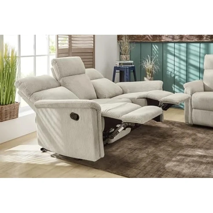 3-Sitzer-Relaxsofa Federkern Couch m. Liegefunktion verstellbar Bezug Cord Beige – Bild 6