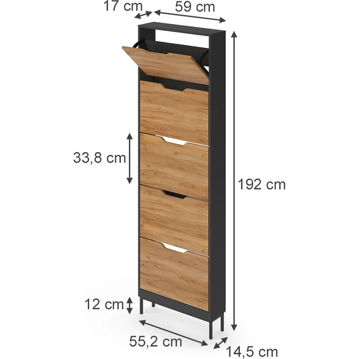 Schuhkipper Luca Anthrazit/Goldkraft Eiche 59x192 cm mit 5 Kippfächern Vicco – Bild 2