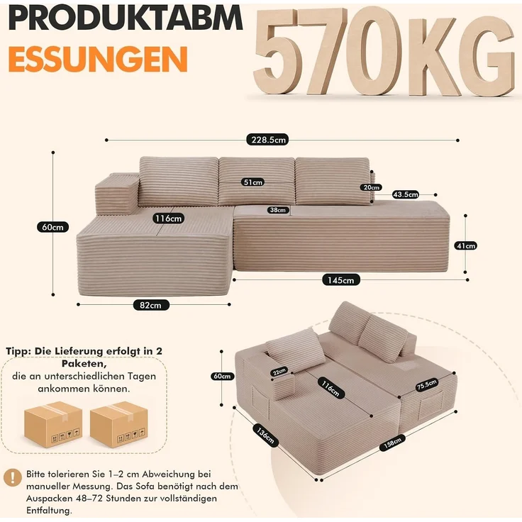 COMHOMA Ecksofa mit Schlaffunktion, 228cm Corduroy Modulares Boneless Couch mit Chaiselongue & Rücken-Metallgestell, L-Form Schlafsofa mit offenem Design, Kissen & Seitentaschen,für Wohnzimmer, Beige-R – Bild 2