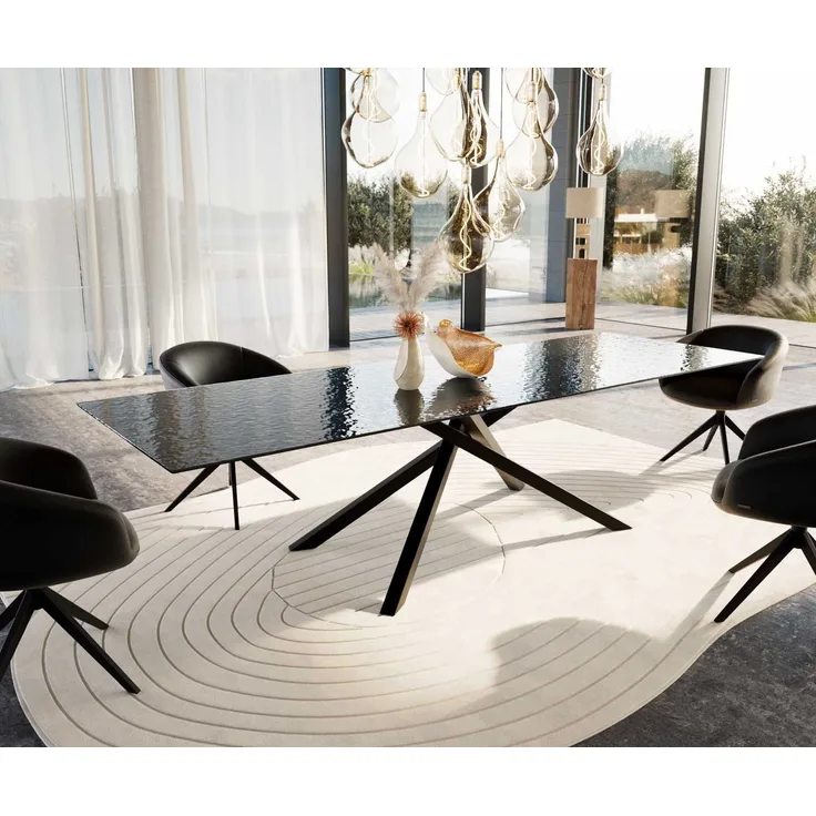 Esstisch Edge 300x100 Reliefglas Rauchschwarz 3D-Design Kreuzgestell Rechteck Schwarz
