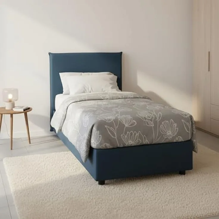 Talamo Italia - Cassiopea-Einzelbett, Bettkasten mit Stoffbezug, 100 % Made in Italy, Öffnung vorne, geeignet für Matratzen 80x200 cm, Blau