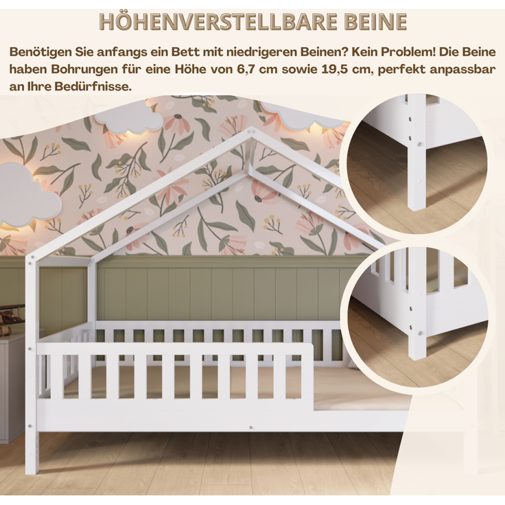 Crazy Pine 'Crazy House' Hausbett mit abnehmbaren Rausfallschutz, Naturholz, Weiß, 100x190 cm, mit Höhenverstellbaren Beinen – Bild 7
