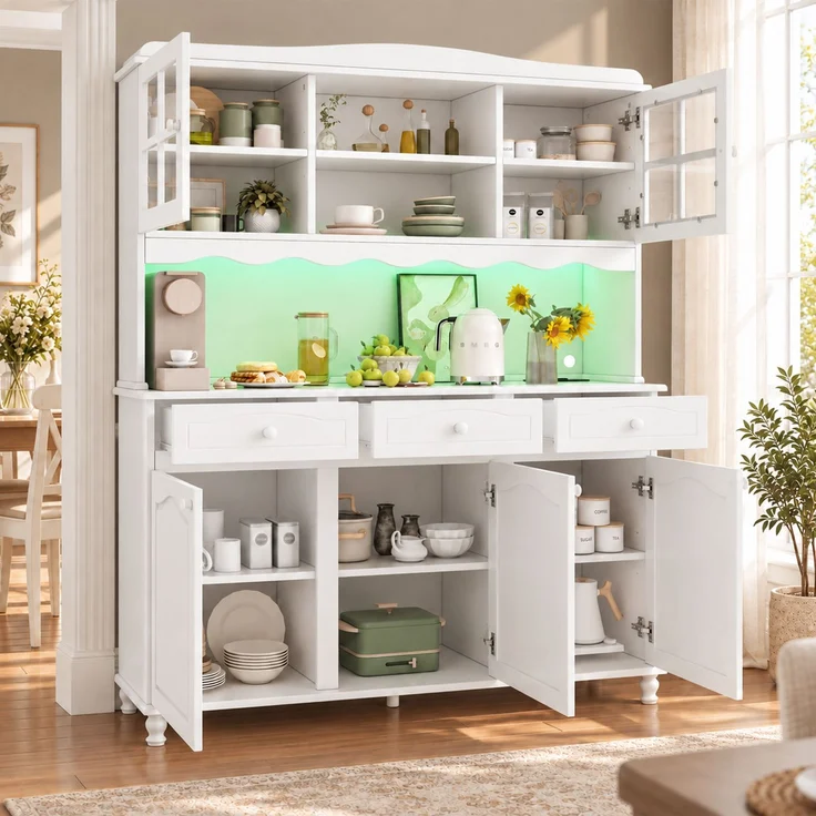 Buffetschränke, Esszimmer-Hochschrank 135*40*185 cm, mehrstufigem Stauraum, integrierter Steckdose sowie USB-C- und USB-A-Anschlüssen, Farbiger LED-Streifen, Weiß – Bild 2