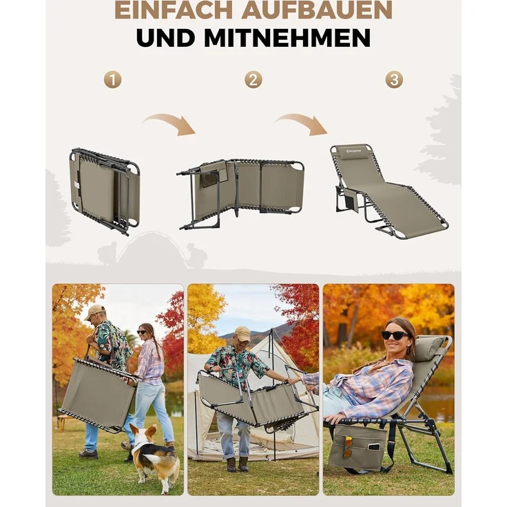 KingCamp Campingliege Sonnenliege Gartenliege klappbar 5-Stufig Verstellbarer Rückenlehne Liege Gartenstuhl Strandliege Camping Klappbett mit Kopfkissen für Garten Urlaub Outdoor Strand Pool – Bild 8