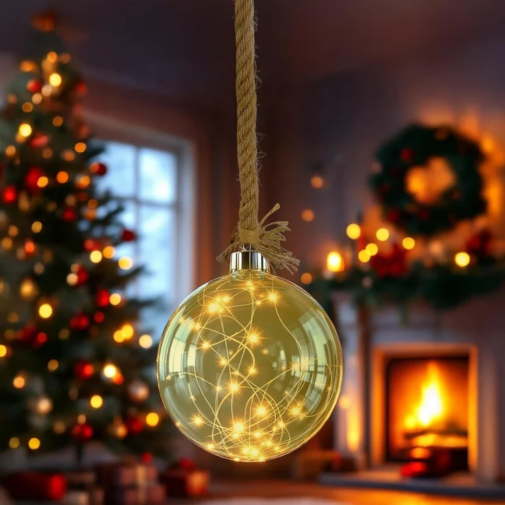 Spetebo LED Dekoobjekt LED Glas Kugel auf Seil 14 cm - Deko Kugel 30 LED, batterie betrieben, LED, warm weiß, Deko Kugel warmweiß beleuchtet mit Timer – Bild 1