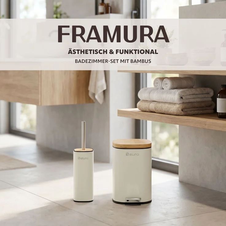 eluno Badezimmer Zubehör Set FRAMURA 2tlg. bestehend aus 1 Kosmetikeimer, 1 WC-Garnitur, Metall, Beige – Bild 2