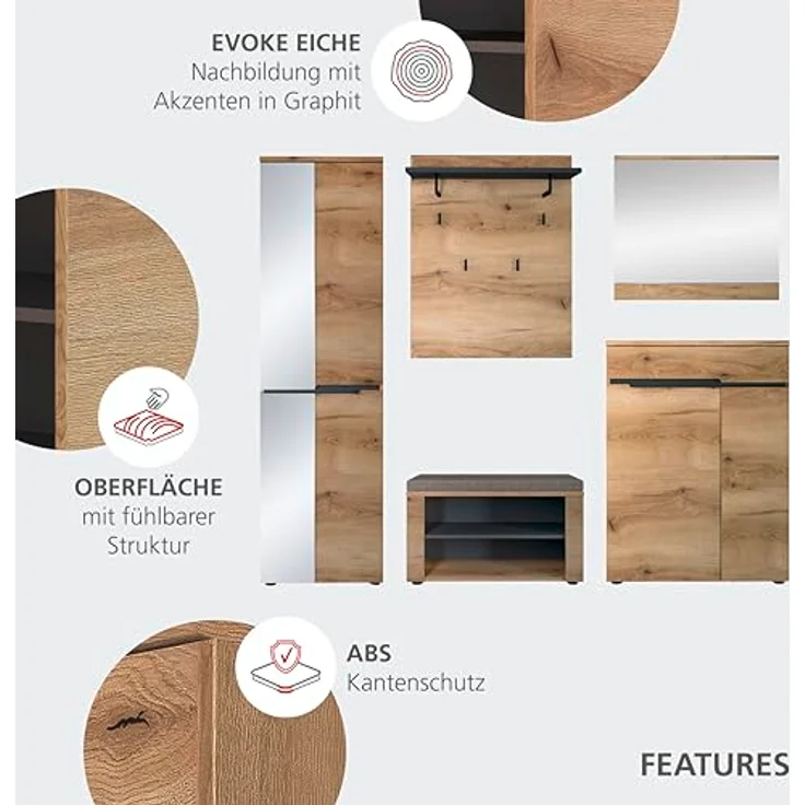 Fargo Sitzbank mit 2 offenen Fächern und Sitzkissen – FSC-Zertifiziert – Moderne Flurbank mit Stoffbezug in Graubraun meliert – 80 x 48 x 38 cm (B/H/T) – Bild 6