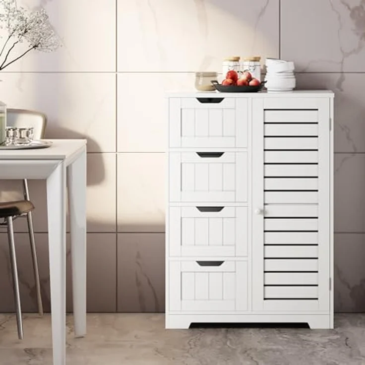 Mondeer Badkommode Badezimmerschrank (Moderne Shutter Design), mit 4 Schubladen 1 Tür,56 x 30 x 82,5cm, Weiß – Bild 9