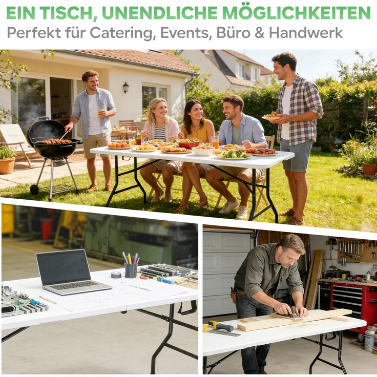 Eiryss Klappbarer Gartentisch 180x74cm, Outdoor Campingtisch für 8 Personen, weiß mit Kunststoffplatte & Metallrahmen, belastbar 150kg, 3 Sicherheitsverschlüsse, Buffetstisch für Garten, Balkon – Bild 10