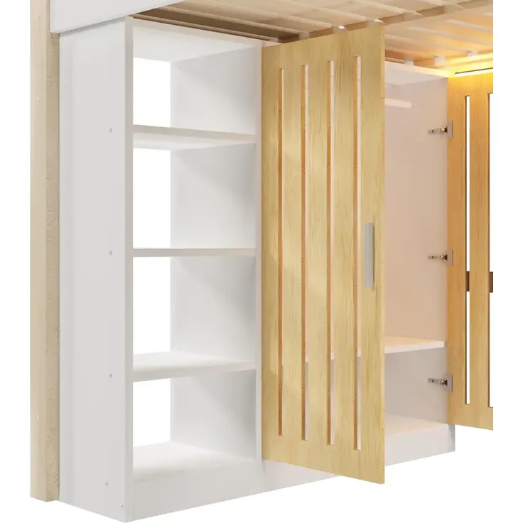 Hochbett mit RGB LED-Streifen, Schreibtisch, Lattenrost, Kleiderschrank, Trittleiter, Regal und Rausfallschutz, 140x200 cm, Kinderbett, Kiefer – Bild 9