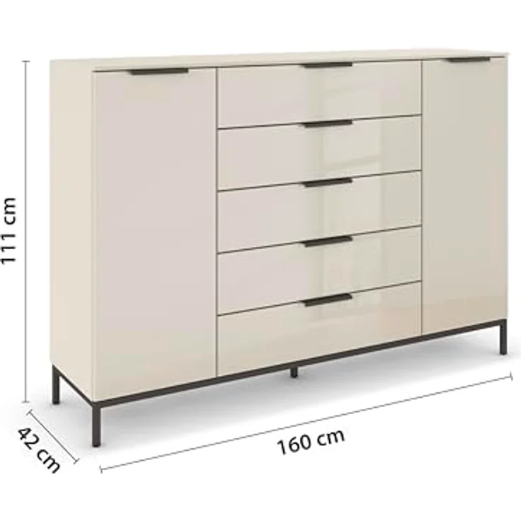 Rauch Möbel Flipp, Nachttisch für Schlafzimmer, Kinderzimmer, Wohnzimmer, Flur, Garderobe, 2-türig, 5 Schubladen, mit Softclose-Funktion, Griffe und Metallkufe Graphit, Farbe Glas Beige, Breite 160 cm – Bild 4