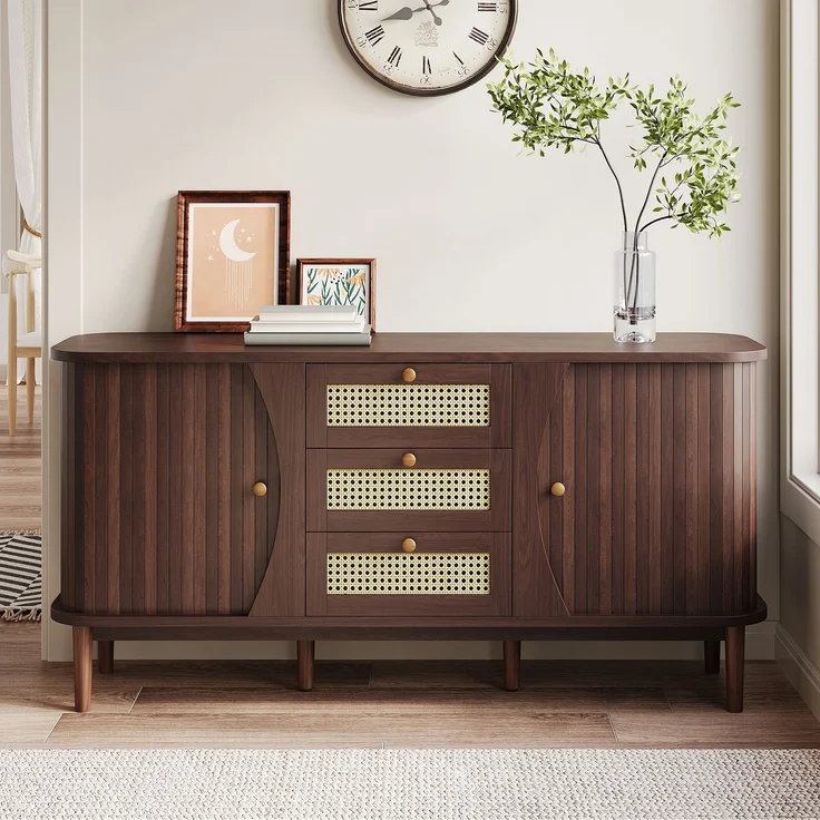 Merax Sideboard, Rattankommode, Kommode mit Schiebetüren, verstellbaren Einlegeböden und abgerundeter Platte, Walnuss – Bild 2