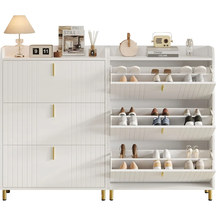 2 ser Schuhregal mattweiß mit gold Metallfüßen, verstellbare Regale, Ablagefläche, stabiler MDF-Schuhschrank – Bild 4