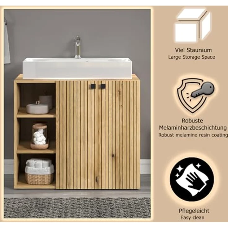 trendteam smart living - Waschbeckenunterschrank Unterschrank auf Rollen - Badezimmer - PureBliss - Aufbaumaß (BxHxT) 80 x 64 x 42 cm - Farbe Evoke Eiche mit schwarzen Rillen - 233730142 – Bild 11
