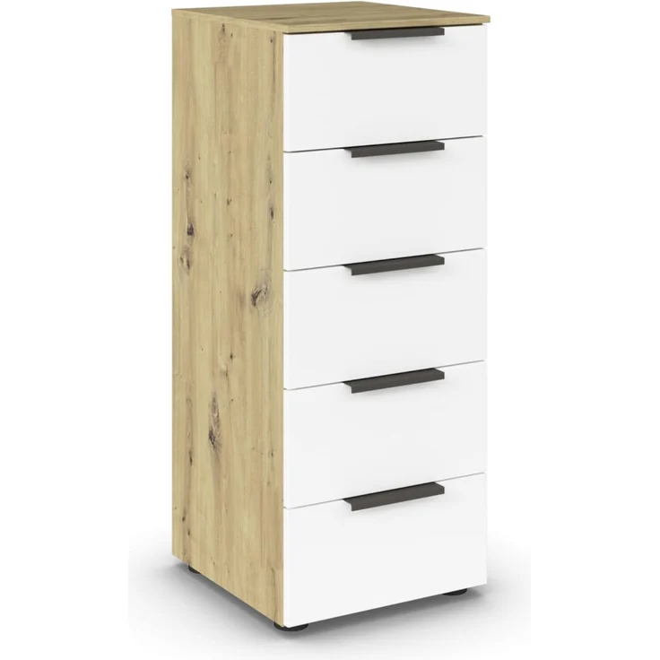 Rauch Möbel Flipp, Kommode für Schlafzimmer, Kinderzimmer, Wohnzimmer, Jugendzimmer, Flur, Garderobe, 5 Schubladen, mit Softclose Funktion, Farbe Eiche Artisan, Holz/Weiß, Breite 40 cm
